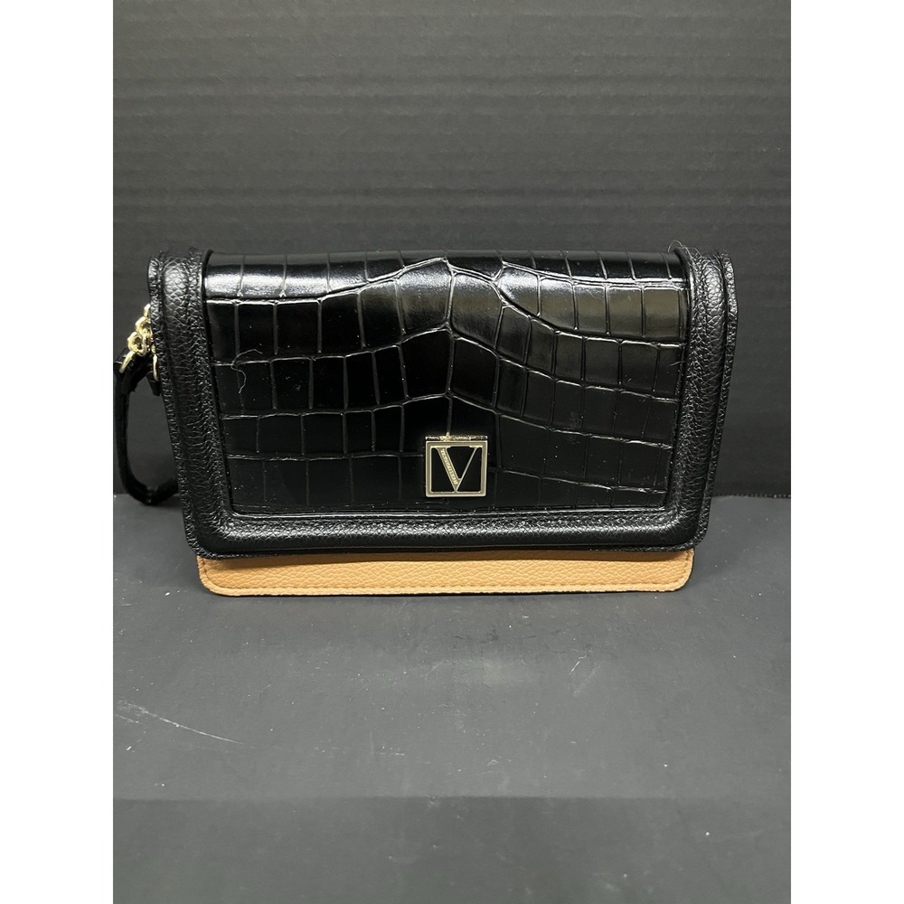 Victoria's Secret Black‎ Croc Wallet Clutch Wristlet Gold Chain Tan Interior